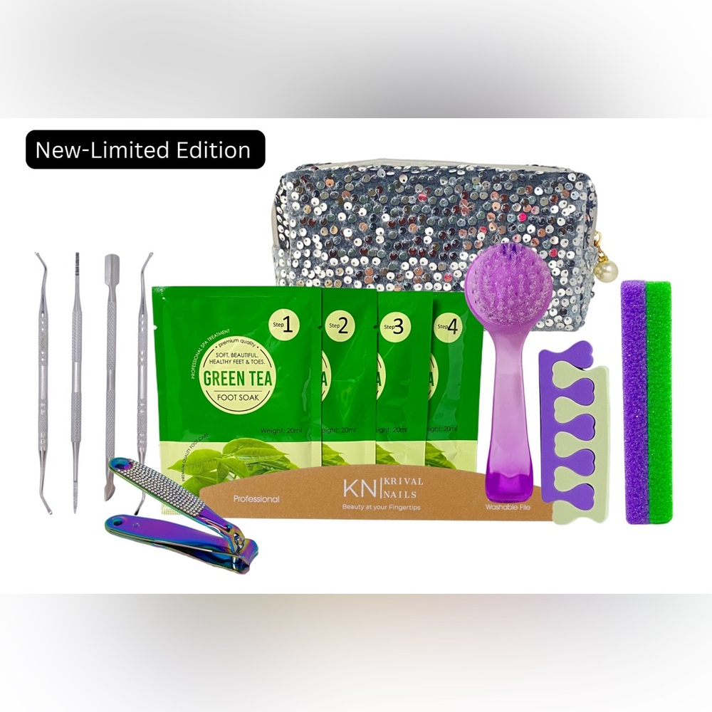 15 Pcs Pedicure Set with Silver Velvet Sequin Bag